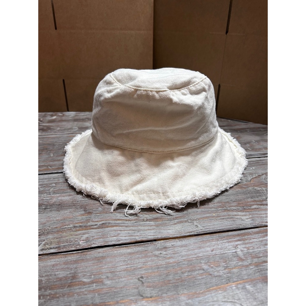 Casa Clara Bucket Hat Cream Canvas Frayed Raw Edge Brim Sun Hat One Size